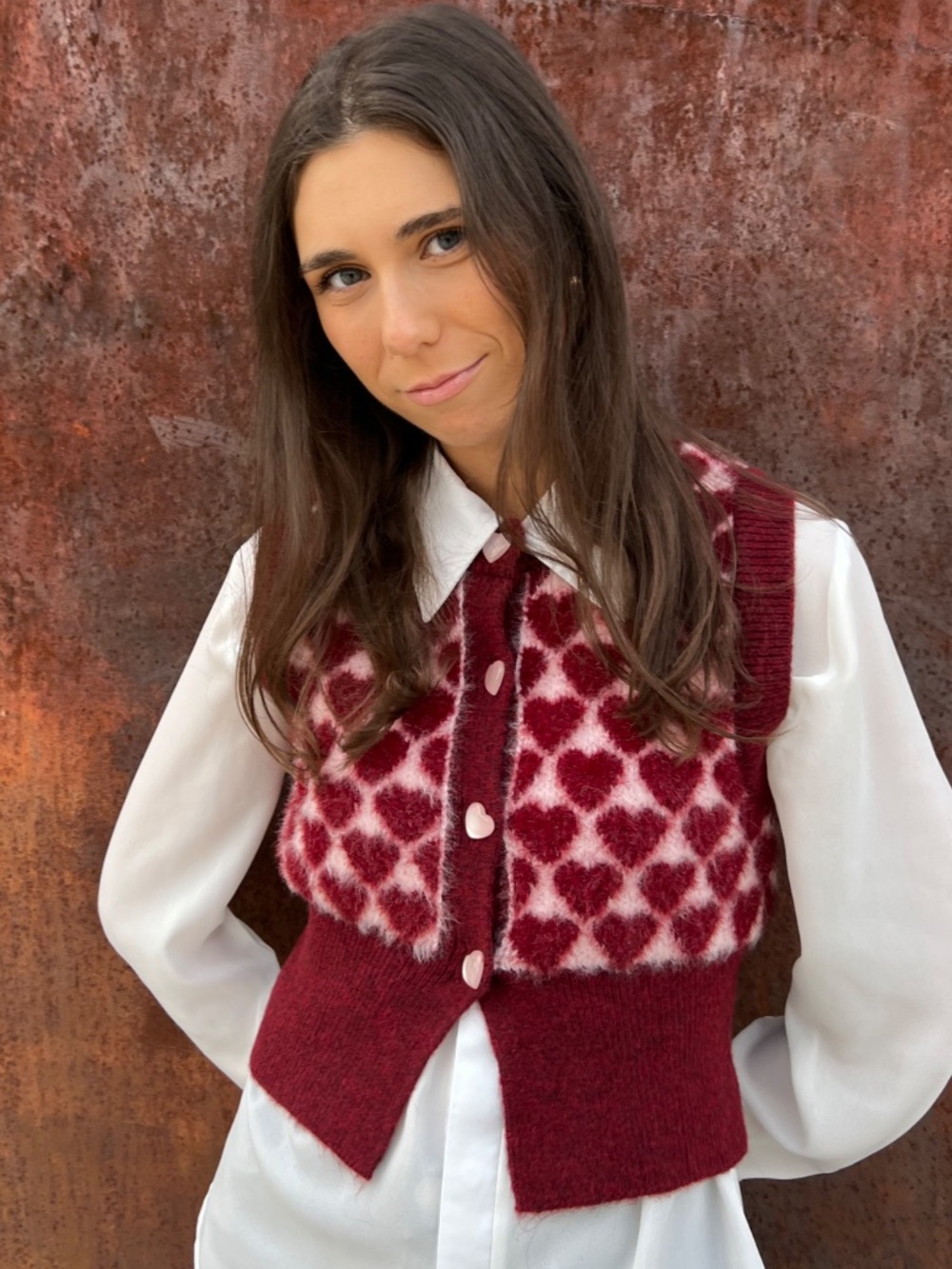 ZARA 4331/017 Heart Jacquard Knit Vest Cardigan Burgundy Pink NWT Size L